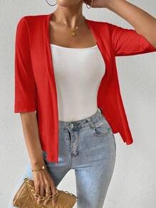 EMERY ROSE Women's Solid Color 3/4 Sleeve Casual Top, Versatile - Red - View 4