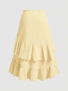 SHEIN MOD Plus Size Yellow Asymmetric Ruffle Hem Drawstring Pleated Layered Party Skirt - Yellow - View 2