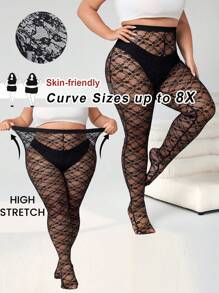 SHEIN CURVE+ 大码黑色纯蕾丝简约透视紧身裤，休闲日常穿着 - 黑色 - 查看 8