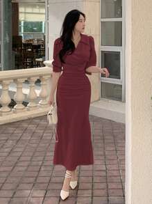 DAZY 女士纯色修身腰部不对称领连衣裙，春夏优雅太阳裙衬衫裙红色女装 - 酒紅色 - 查看 5