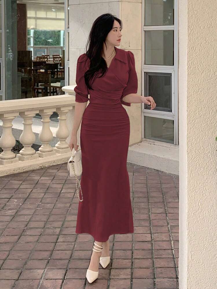 Women Solid Color Fitted Waist Asymmetrical Collar Dress, Spring/Summer Elegant Sundress Shirt Dress Red Women Dresses