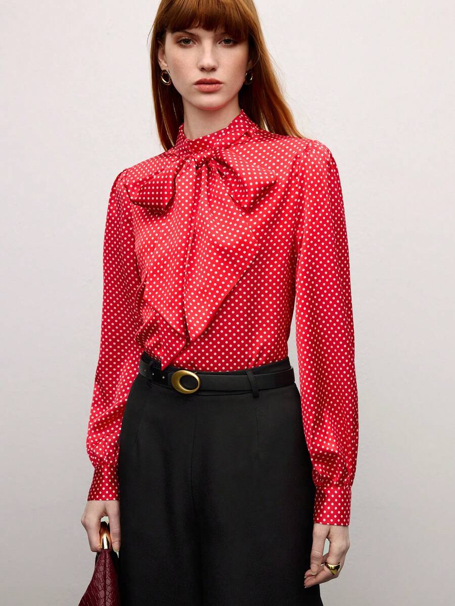 BizChic 2025 Summer New Red Polka Dot Stand Collar Oversized Bow Lady's Top, Summer For Business Casual, Daily Commute, Elegant, Holiday, Wedding Guest, Country Music Festival, Brunch, Airport Lounge, 257S Old Money Stockholm Style, 4th Of July