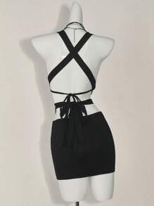 SHEIN ICON 2 件套女士 Y2k 外出度假两件套夏季套装交叉胸前紧身胸衣短款上衣和低腰裙套装 - 黑色 - 查看 10