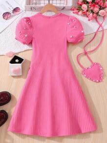 Tween Girl Solid Ribbed Faux Pearl Puffy Sleeve Dress With Heart Mini Bag - Hot Pink - View 2