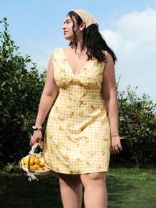 SHEIN MOD Vestido sin mangas con estampado floral retro para talla grande, adecuado para citas, uso casual diario y picnics, verano - Vestidos de verano para mujer, ropa de mujer para vacaciones, vestidos de Pascua, vestidos amarillos, vestidos de playa, vestidos bohemios