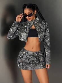 SHEIN ICON 女士迷彩印花牛仔工装迷你裙 - 綠色 - 查看 3