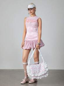 ROMWE Kawaii 1 pieza Bolso de mano con decoración de lazo y volantes en color rosa, de gran capacidad, adecuado para el día de San Valentín y citas