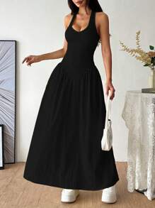 Flirla Vestido de escote en V profundo francés, sexy, con detalle de halter, empalmado y con la cintura fruncida - Negro - Ver 4