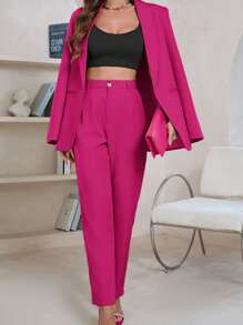 Aveloria Modichic Blazer elegante de mujer de manga larga con cuello chal y bolsillo, unicolor, para el otoño - Rosa Fucsia - Ver 7