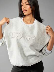 MISSGUIDED Oversized Distressed Applique Sweatshirt Casual Loungewear Crewneck Pullover Cozy Winter Fashion Streetwear Classic Sports Athleisure Comfort Top - Grey - View 5