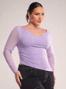 SHEIN BAE Women Plus Size Elegant Sexy Fashion Lavender Color Off Shoulder Hollow Ruched Fitted T-Shirt For Summer Outing