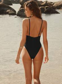 Anewsta 1 件女式纯色露背细肩带连体泳衣，夏季 - 黑色 - 查看 2