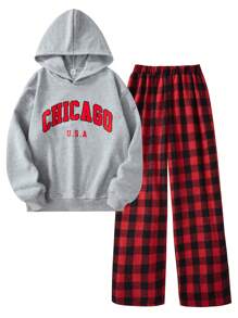 SHEIN Explorewe 2 件套青少年女孩字母和格子印花休闲套头衫和裤子套装，秋冬 - 彩色 - 查看 6