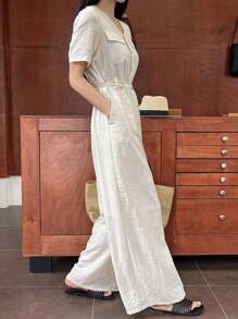 DAZY Elegant V-Neck Wide Leg Palazzo Jumpsuit For Women Linen - Beige - View 9