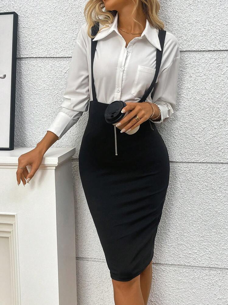 SHEIN Tall Women's Solid Color Zipper Front Elegant Pinafore Dress - Black - View 6