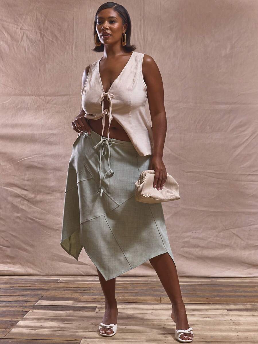 MUSERA Midi-Rock in Große Größen mit Bindeband an der Taille, Patchwork-Naht und Zipfelsaum, süß, elegant, für Festivals und Feiertage, aus Leinen, klassisch, lässig, für den täglichen Gebrauch, Büroalltag, formell, graziös, für Brunch im Herbst, Winter, Herbst