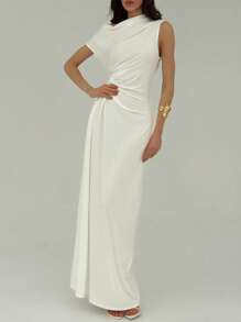 Aloruh 女士纯色不对称领口褶饰优雅及地长裙 - 白色 - 查看 1