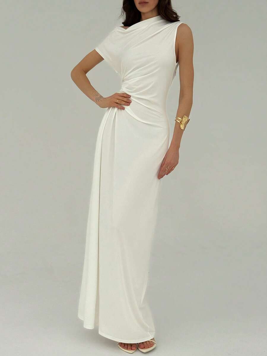 Aloruh 女士纯色不对称领口褶饰优雅及地长裙 - 白色 - 查看 1