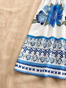 Soleia 女士长款花卉印花度假连衣裙，复古蓝白浪漫休闲度假连衣裙，适合春季