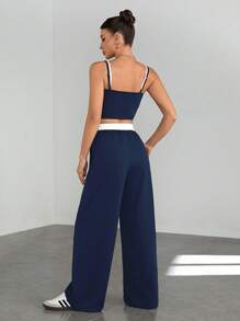 SHEIN Tall 2pcs/Set Contrast Color Camisole & Drawstring Waist Casual Pants Outfit - Navy Blue - View 2