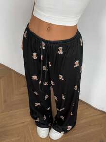 SHEIN EZwear 女士新品甜美花卉印花休闲休闲裤 - 黑色 - 查看 5