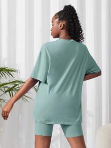 SHEIN 2pcs Teen Girl Plain Knit T-Shirt And Shorts Set, Green - Green - View 2