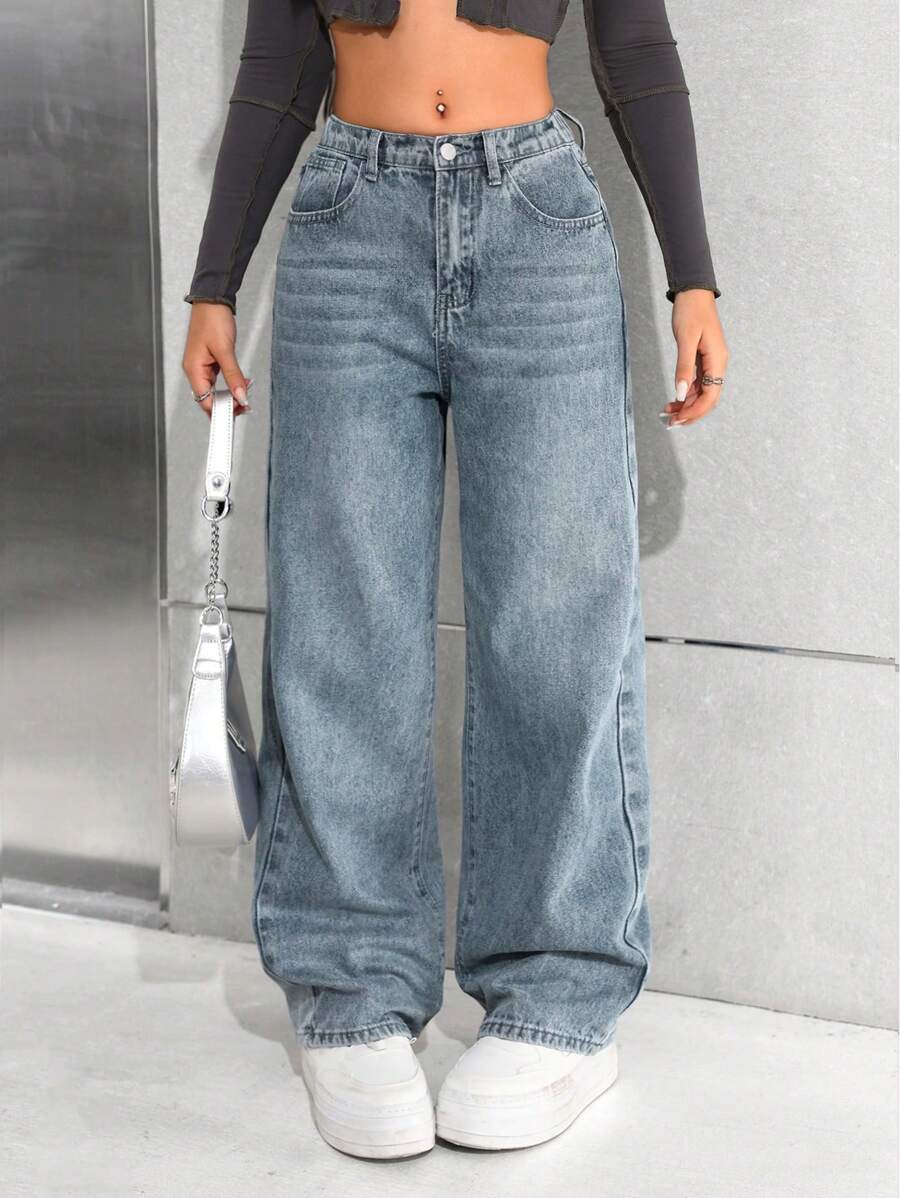 SHEIN 少女Y2K休闲基础款复古蓝色宽松直筒牛仔裤，儿童女孩春夏休闲度假乡村波西米亚风服装，儿童女孩沙滩装，女孩西部街头装，春假服装，锐舞节服装牛仔裤