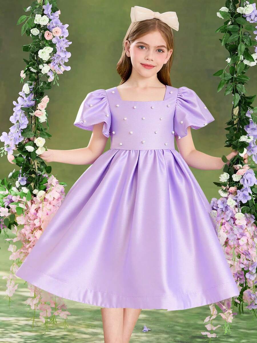 SHEIN Rochie elegantă pentru fete Tween, cu mâneci bufante, cu decolteu pătrat, cu împânzire, în formă de A - Roz fierbinte - Vizualizare 1