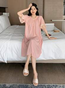 DAZY Sweet Ruffled Hem A-Line Design Women Nightgown Pajama - Pink - View 6