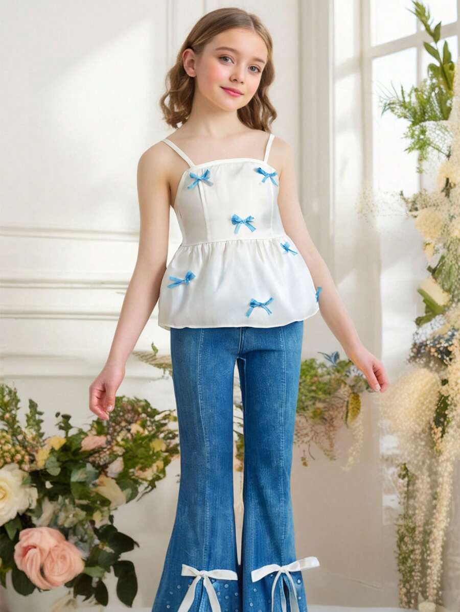 SHEIN Set cămașă și pantaloni evazați din tricot cu imprimeu pentru fete Tween cu bretele spaghete, decor drăguț cu fundă, potrivit pentru ieșiri, petreceri, nunți, îmbrăcăminte albă pentru copii asortate pentru surori - Multicolor - Vizualizare 1