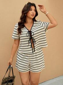Elaquor 2pcs/Set Plus Size Women Striped Front Tie Short Sleeve Top And Shorts Casual Outfit