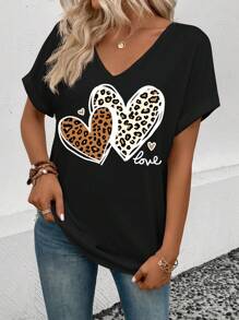 SHEIN Dames V-hals korte mouwen casual luipaard hart print T-shirt, veelzijdige lente/zomer