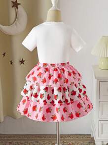 2pcs Set: Young Girl Moon Print Short Sleeve T-Shirt And Floral Print Layered Ruffle Hem Skirt, Cute And Playful - Pink - View 2