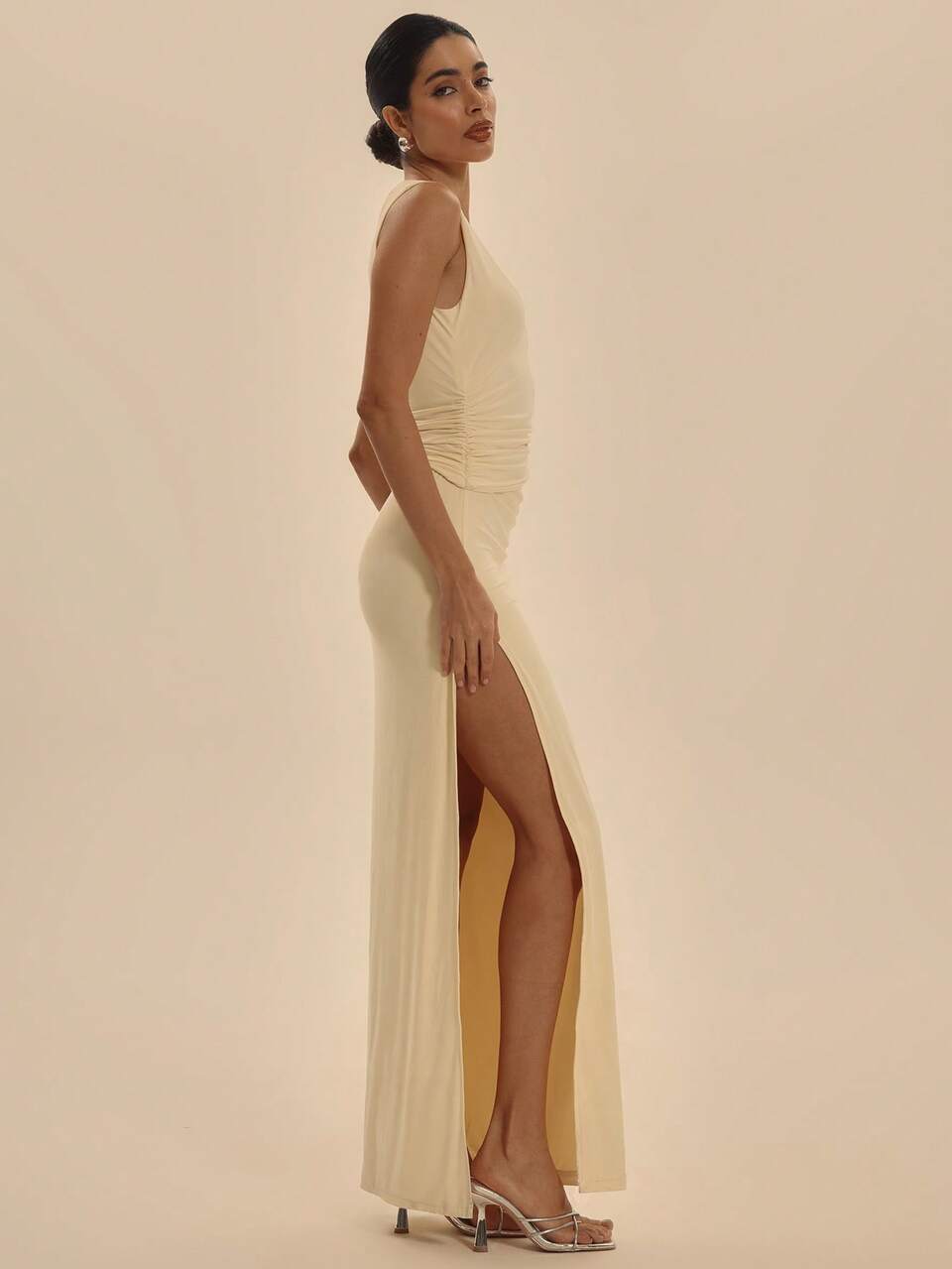 Crew Neck Fitted Ruched Side Cut Out Straight Fit Side Split Maxi Dress Spring Summer Prom Elegant Vacation Occasion Graduation Long Dress