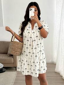 Elenzga Plus Size Butterfly Print Bowknot Decor Skater Dress