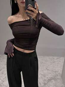 DAZY Women's Solid Color Oblique Open Shoulder Wrap Short Sleeve T-Shirt, Spring/Summer/Autumn,Off Shoulder Top Long Sleeve Women Tops,Fall Women Clothes Crop Women Tops