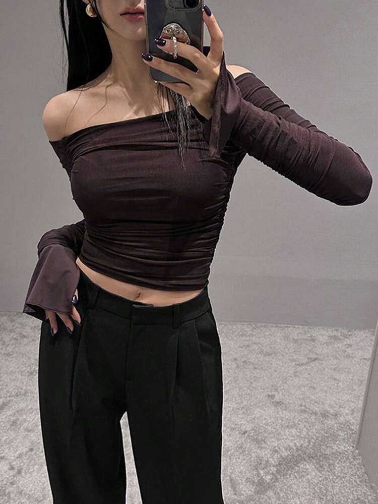 Women's Solid Color Oblique Open Shoulder Wrap Short Sleeve T-Shirt, Spring/Summer/Autumn,Off Shoulder Top Long Sleeve Women Tops,Fall Women Clothes Crop Women Tops