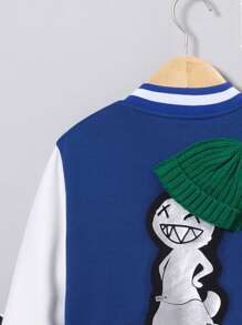 SHEIN Young Boy Cartoon Graphic Hat Patched Striped Trim Varsity Jacket - Blue and White - View 7