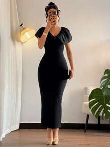 Chiquease V-Neck Ruffle Trim Fitted Elegant Women's Midi Dress, Spring/Summer - Black - View 5