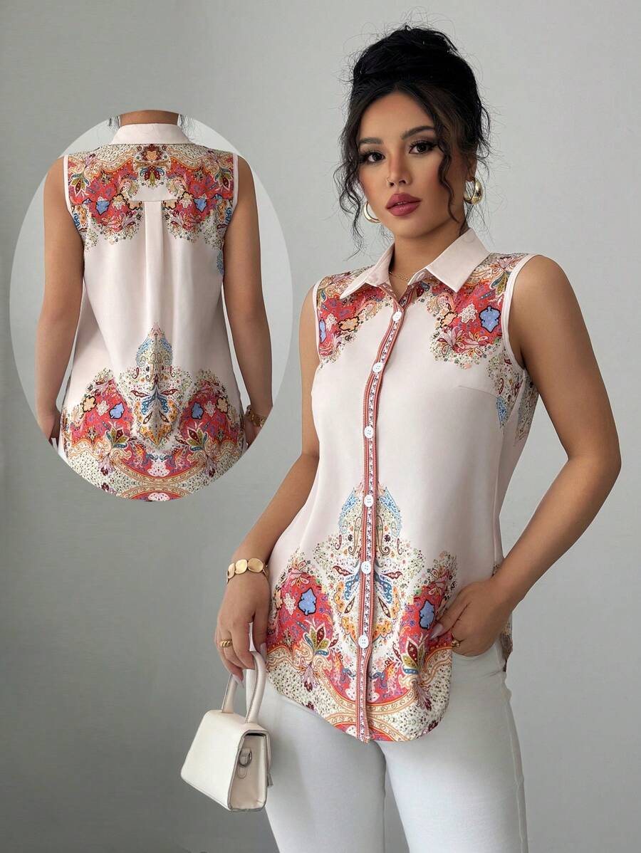 Selianne Sleeveless Casual Loose Digital Print Blouse For Commute - Multicolor - View 1