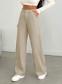 EURMUSE Women Solid Color High Waist Wide Leg Pants - Beige - View 3