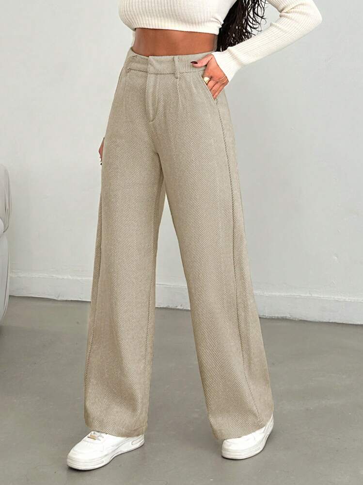 EURMUSE Pantalon large à taille haute de couleur unie pour femmes - Beige - Voir 3
