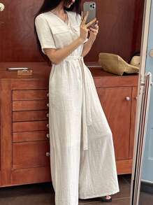 DAZY Elegant V-Neck Wide Leg Palazzo Jumpsuit For Women Linen - Beige - View 7