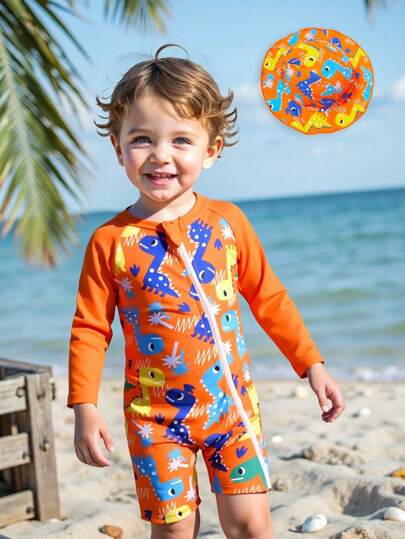 SHEIN Conjunto de Proteção Solar com Fecho de Zíper de Manga Longa com Estampa de Dinossauro Fofo para Bebê/Criança Pequena, Adequado para Parque Aquático, Férias, Surfe, Praia, Natação