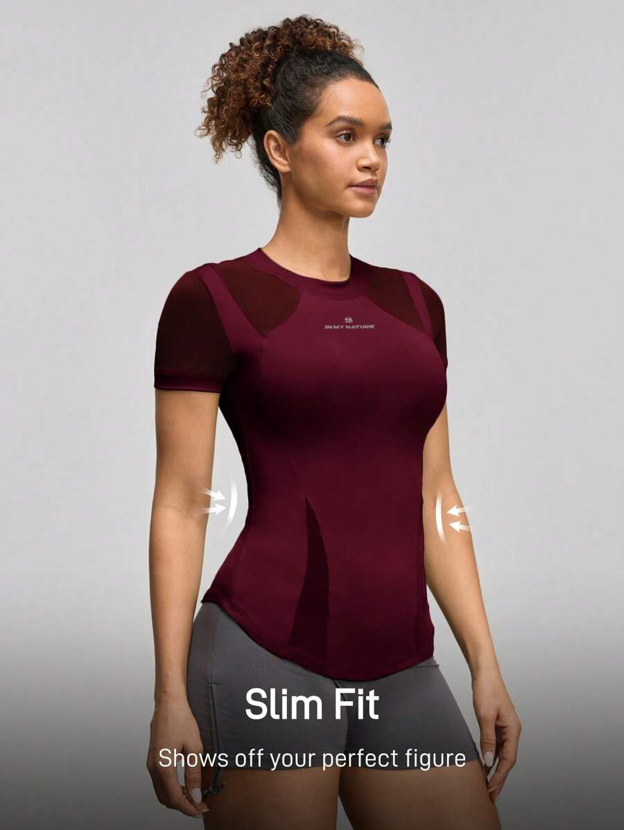 Gameset SHEIN Sport Women's Mesh Patchwork Short Sleeve Breathable Outdoor T-Shirt Compression Shirt Fitted Shirt Gym Shirts - Burgundy - View 1