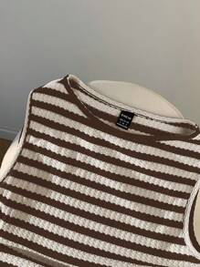 SHEIN EZwear 棕米条纹两件套休闲套装，简约时尚，适合夏季 - 棕色 - 查看 7