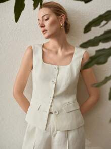 MOTF PREMIUM CHALECO SIN MANGAS CON BOTONES DE LINO