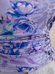 Soleia Plus Size Women's Vacation Leopard Floral Print Halter Neck Blouse, Spring/Summer