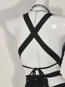 SHEIN ICON 2 件套女士 Y2k 外出度假两件套夏季套装交叉胸前紧身胸衣短款上衣和低腰裙套装 - 黑色 - 查看 11