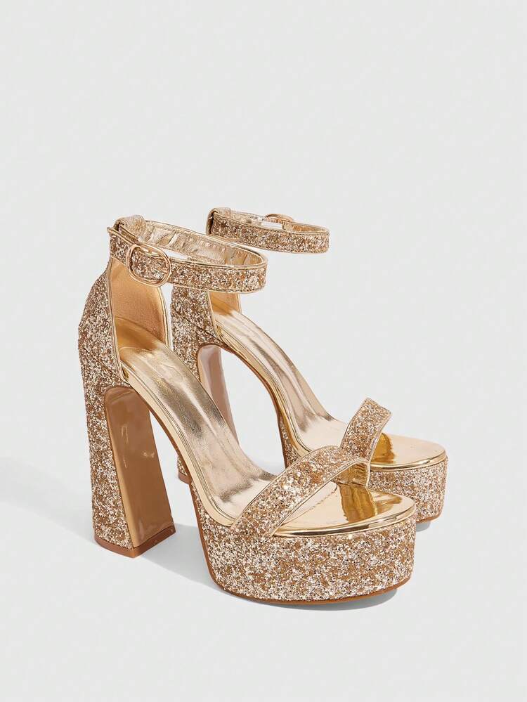 CUCCOO LuxiPop Sandalias de plataforma de tacón alto ancho y puntera redonda para mujer, impermeables, color dorado, diseño de moda sexy para salir de noche, estilo callejero, citas, fiestas, verano